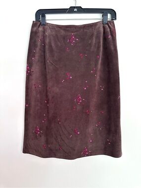LOFT Vintage Brown Midi Suede Leather Skirt with Pink Floral Embroidery Size 6